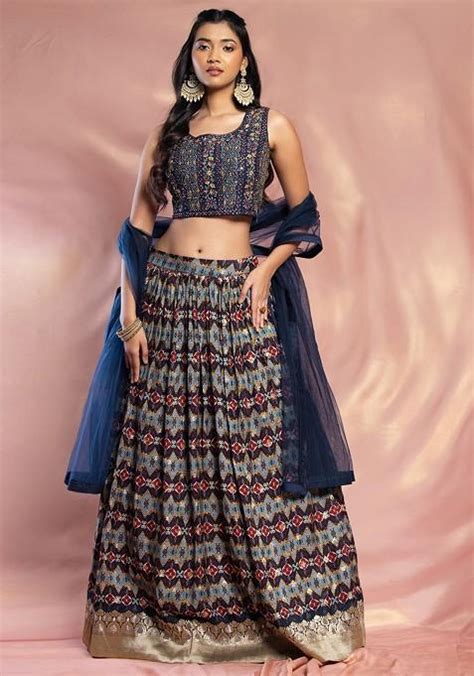 Buy Women Navy Printed Brocade Lehenga Set With Embellished Blouse And