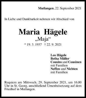 Traueranzeigen Von Maria H Gele Ostalbtrauer