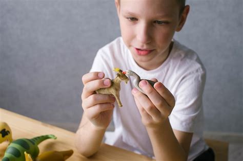 Un Gar On Mignon Tient Des Figurines D Animaux Dans Ses Mains Une Oie