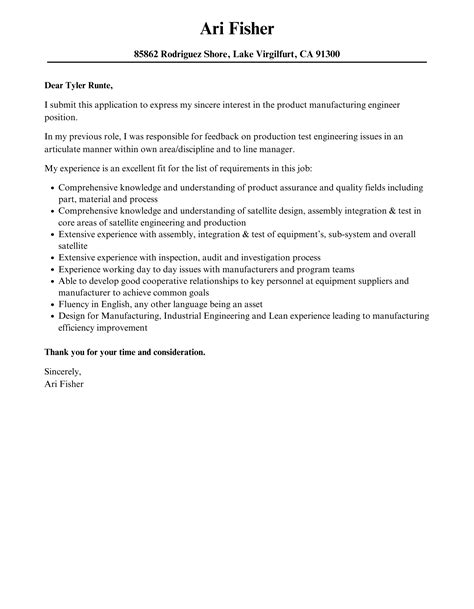 Product Manufacturing Engineer Cover Letter Velvet Jobs