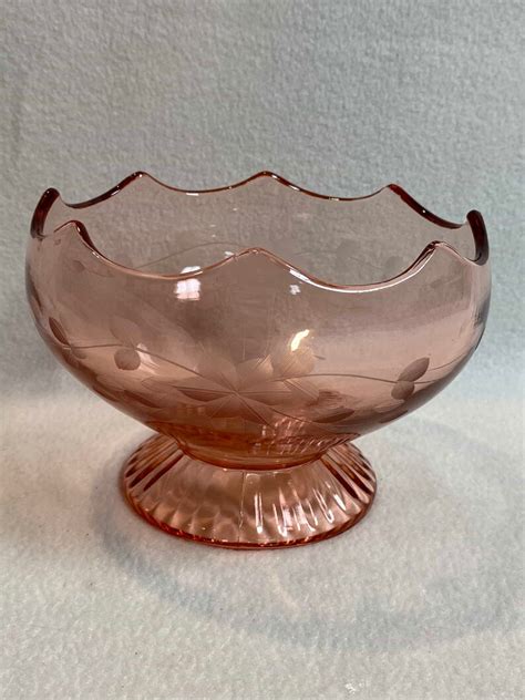 Pink Depression Glass Footed Console Bowl With Etched Flowers Etsy