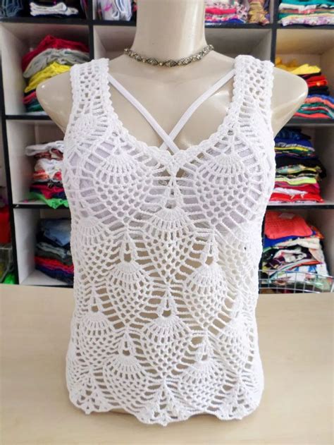 Blusa Regata Patice Croch Ponto Abacaxi Branca Crochet Top Croch