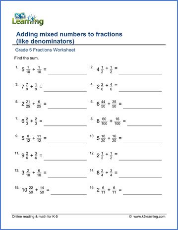 Fraction For 5th Grade Free Worksheets