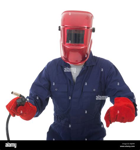 Man With Welding Mask And Gas Gun Isolated Over White Background Stock