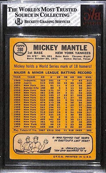 Lot Detail 1968 Topps Mickey Mantle Card Graded BVG 3 Card 280