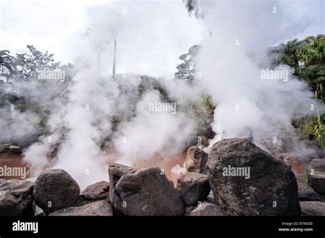 Red Hot Spring Near UMI JIGOKU Sea Hell Pond In Autumn Which Is One Of The Famous Natural Hot