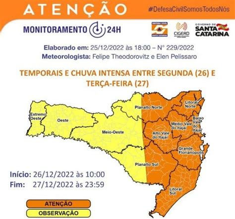 Defesa Civil De Sc Alerta Para Risco De Temporais E Chuva Intensa Em