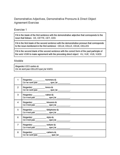 French Demonstrative Adjectives Pronouns And Direct Object Agreement Exercises By Teach Simple