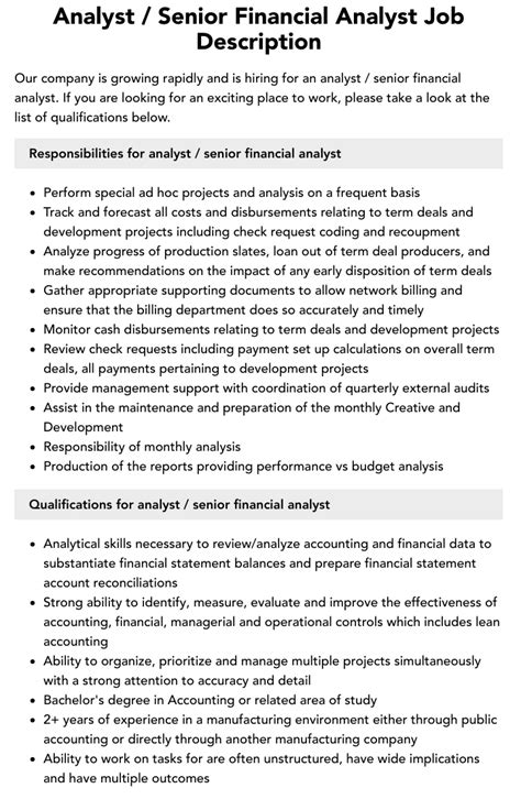 Analyst Senior Financial Analyst Job Description Velvet Jobs