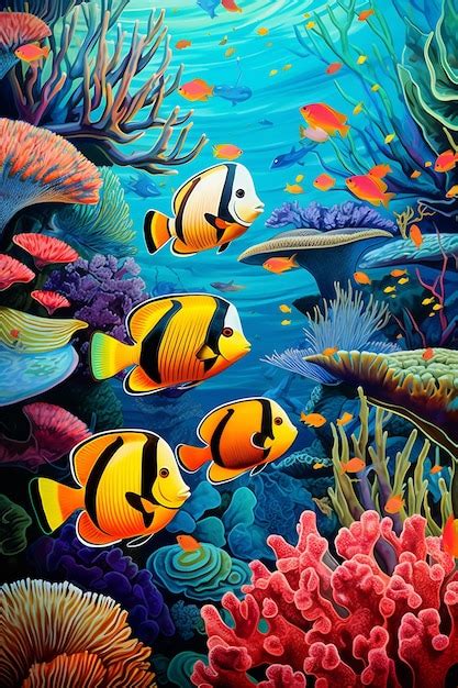 Una Pintura De Peces Y Corales Con Las Palabras El Mar En La Parte