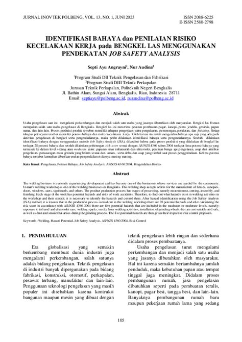 Pdf Identifikasi Bahaya Dan Penilaian Risiko Kecelakaan Kerja Pada Bengkel Las Menggunakan