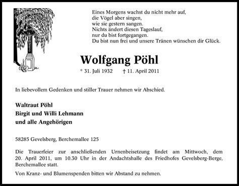 Traueranzeigen Von Wolfgang P Hl Trauer In Nrw De