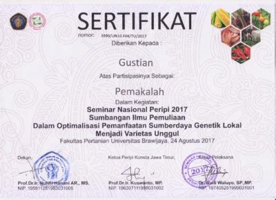 Sertifikat Pemakalah Seminar Nasional Peripi Unbraw Document