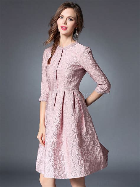 Pleated Skater Dress 3 4 Sleeve Jacquard Womens Pink High Waist Flare