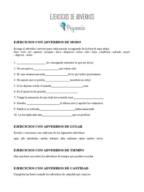 Ejercicios Completos Sobre El Uso De Adverbios Pdf Adverbio
