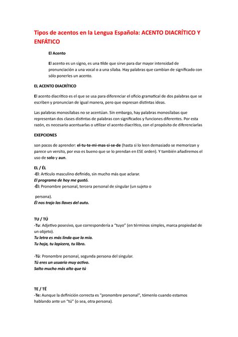 Acento Diacritico y Enfatico Tipos de acentos en la Lengua Española