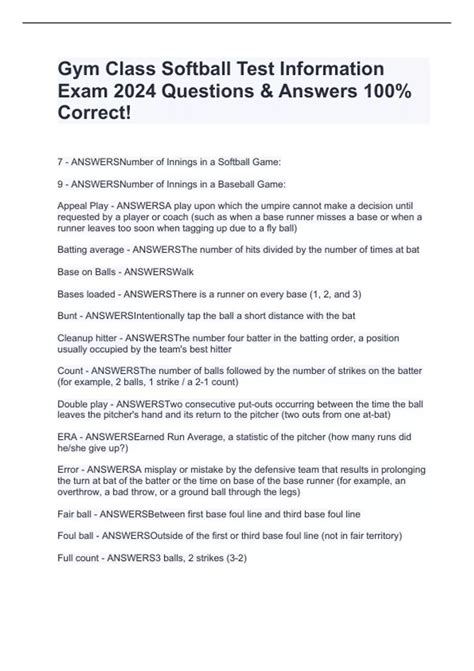 Gym Class Softball Test Information Exam 2024 Questions Answers 100