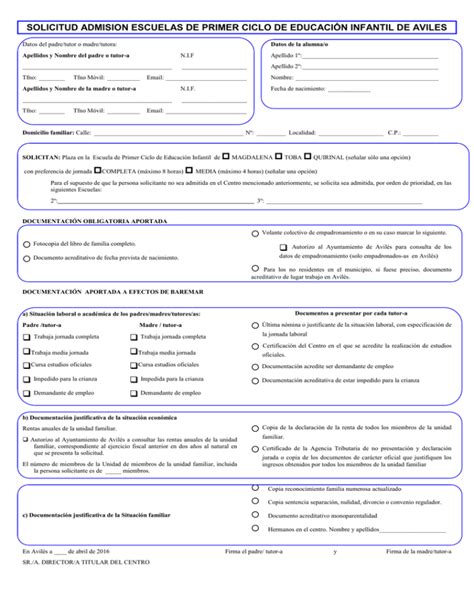 Solicitud De Admision En Escuelas Del Primer Ciclo De Educacion