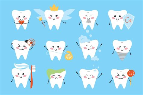 Set Of Teeth In Kawaii Style Character Teeth Collection Vector