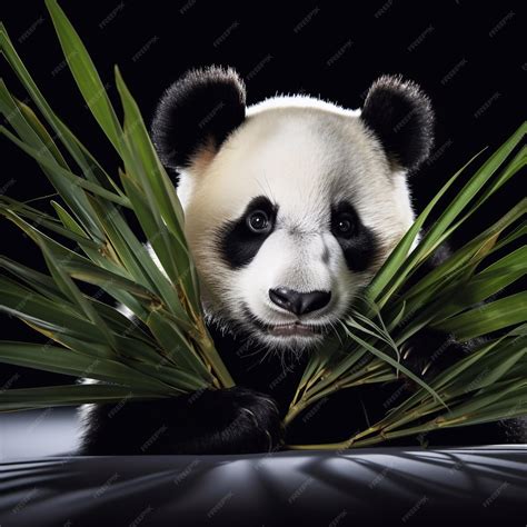 Premium Photo | Portrait of panda eating bamboo on the black background