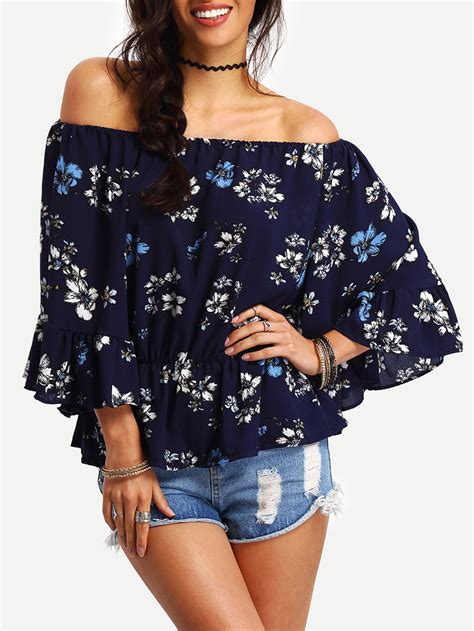 Off The Shoulder Flower Print Ruffled Blouse Shein Sheinside