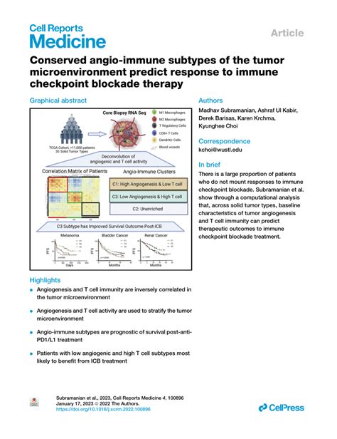 Pdf Conserved Angio Immune Subtypes Of The Tumor Microenvironment Predict Response To Immune