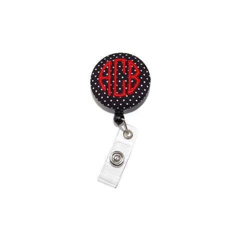 Monogrammed Badge Reel Black Swiss Dot Fabric With Your Choice Of Color Writing Alligator Or