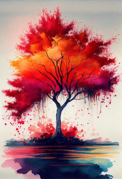 Premium AI Image | A painting of a tree with a red tree in the background.