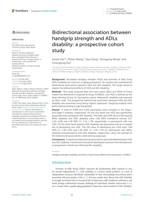 Pdf Bidirectional Association Between Handgrip Strength And Adls