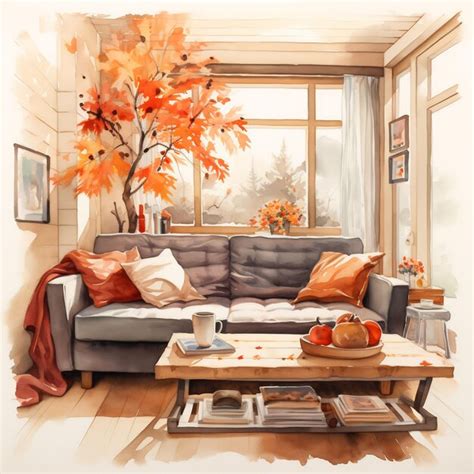 Premium AI Image A Painting Of A Living Room With A Couch And A