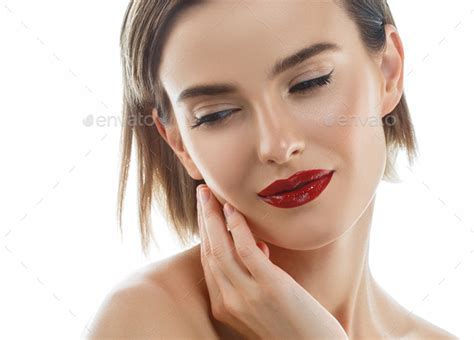 Blonde Female Bright Red Lips Looking Camera Smiling Shine Nude Makeup Isolated White