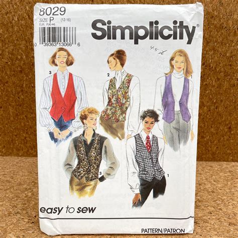 Simplicity 8029 Lined Vests With Princess Seams Misses 12 16 Uncut