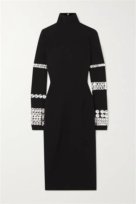 DOLCE GABBANA Crystal Embellished Stretch Jersey Turtleneck Midi Dress