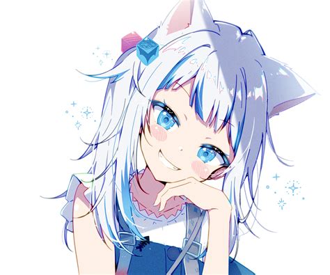 Blushing White Background Gawr Gura Hand On Face Animal Ears