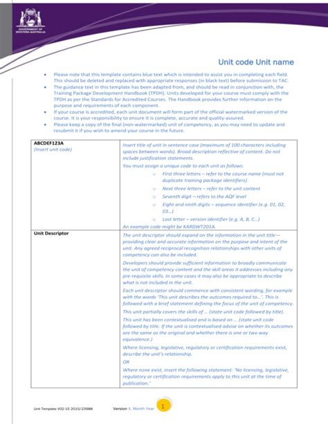 Unit Of Competency Template