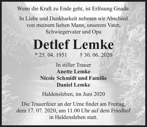 Traueranzeigen Von Detlef Lemke Abschied Nehmen De