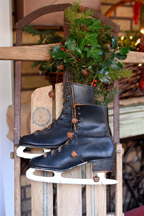 Christmas Porch Decor Vintage Sled With Vintage Ice Skates And Fresh