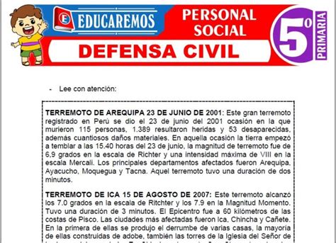 Defensa Civil Para Quinto De Primaria Fichas Gratis