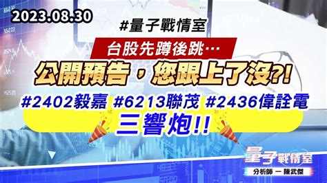 【量子戰情室】陳武傑 0830 量子戰情室 台股先蹲後跳公開預告，您跟上了沒 2402毅嘉6213聯茂2436偉詮電 三響炮