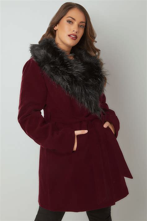 Burgundy Coat With Faux Fur Collar And Tie Waist Plus Size 16 To 36