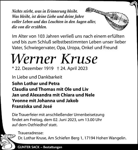 Traueranzeigen Von Werner Kruse Trauer Anzeigen De