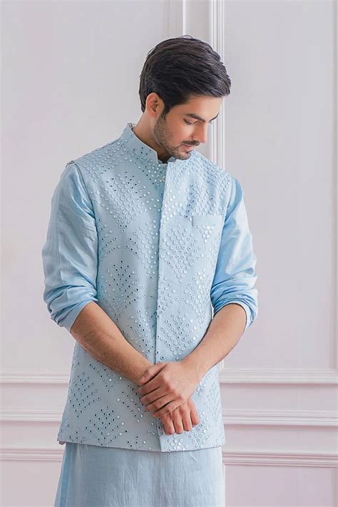 Powder Blue Nehru Jacket With Kurta And Churidaar Indian Wedding