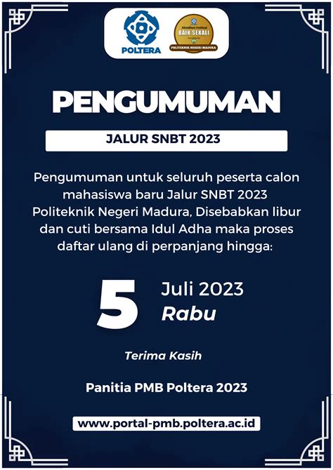 Pengumuman Perpanjangan Masa Daftar Ulang Jalur Seleksi Snbt Tahun 2023 Politeknik Negeri Madura