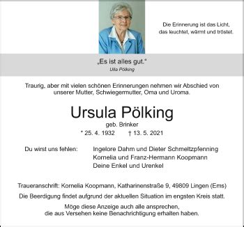 Traueranzeigen von Ursula Pölking noz Trauerportal