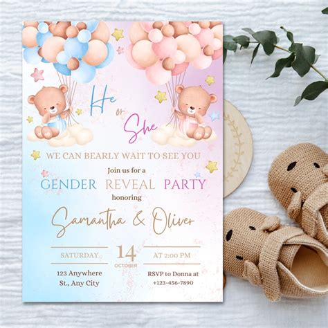 Editable Teddy Bears Gender Reveal Invitation Baby Boy Or Girl Party