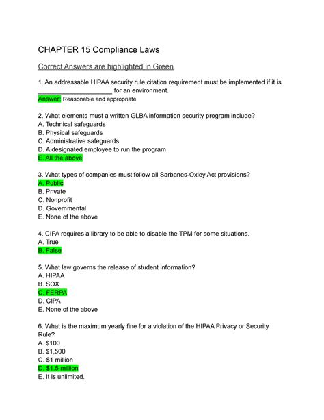 Chapter 15 Assesment - Compliance Laws - CHAPTER 15 Compliance Laws