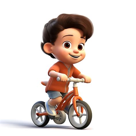 Niño de dibujos animados en 3D montando bicicleta sobre fondo blanco