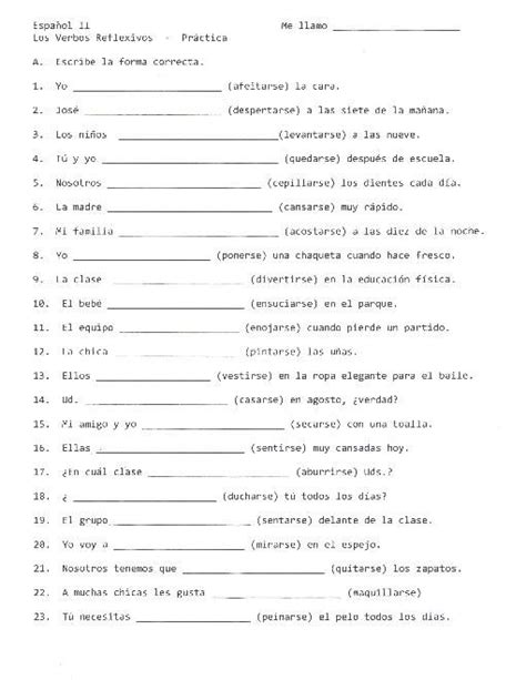 Spanish Reflexive Verbs Worksheet Worksheets For All Verb Worksheets