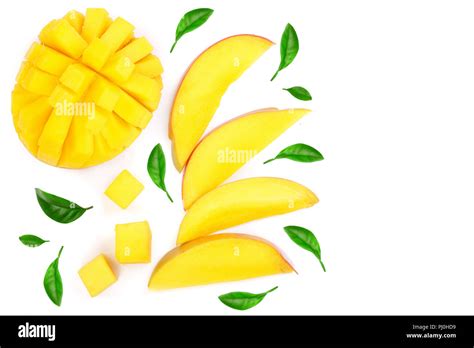 Mango Fruit And Slices Decorated With Leaves Isolated On White