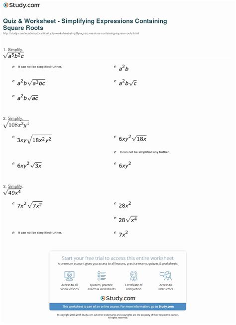 Simplifying Square Root Worksheet